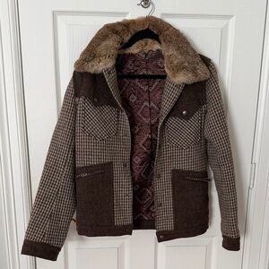 Men's Brown Houndstooth Wool-Blend Jacket rabbit Fur Collar NUMBER N INE size 2